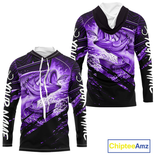 Purple and black long sleeve fishing shirt with largemouth bass fish design on a white background