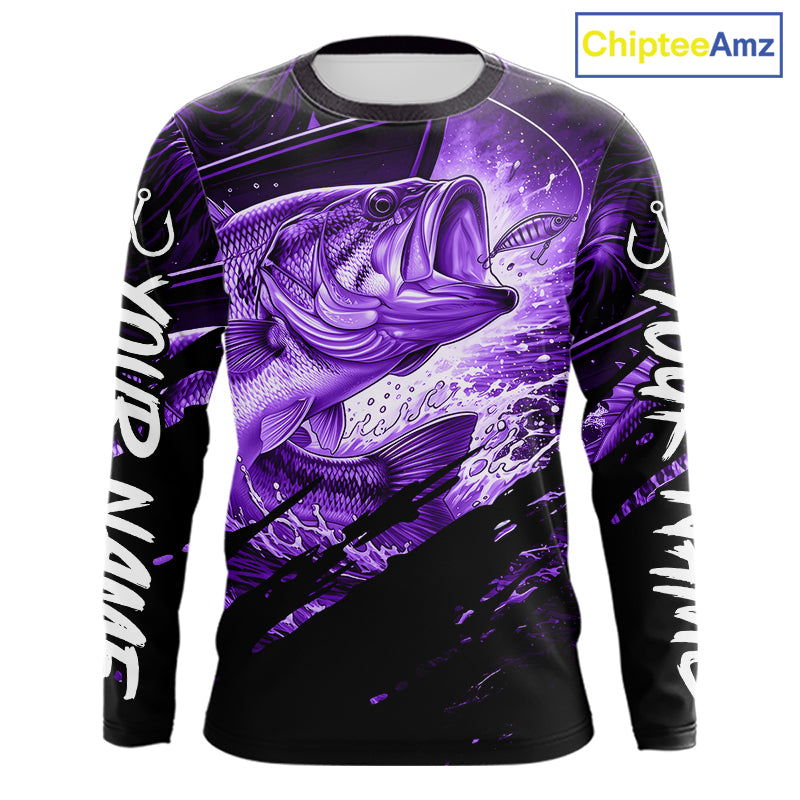 Long sleeve fishing shirt with purple bass fish design on a black background