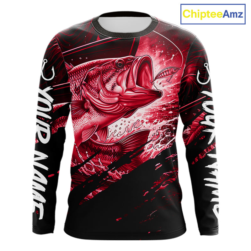 Long sleeve fishing shirt with red bass fish design on a black background
