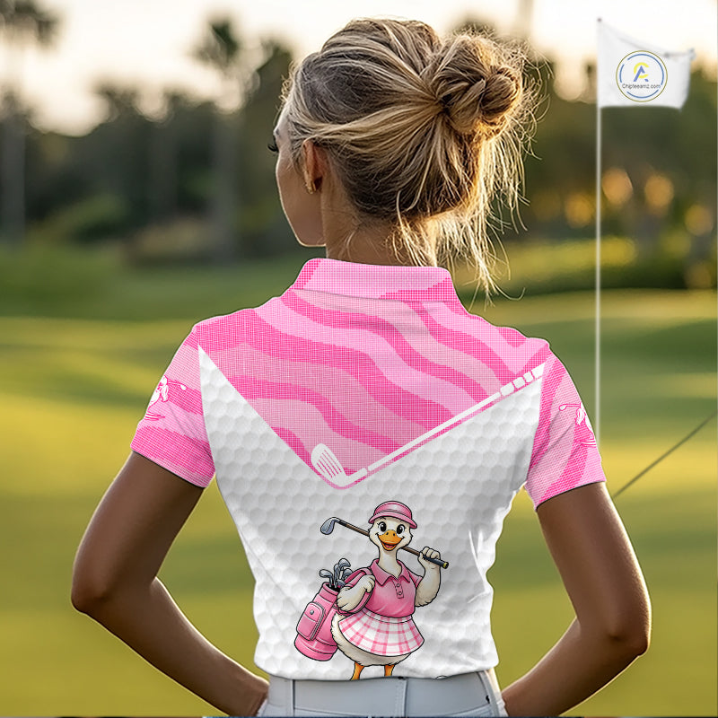 Pink Zebra Pattern Funny Duck Womens Golf Polo Shirts, Cute Duck Golfer, Sporty Animal Golf Gift NBT658