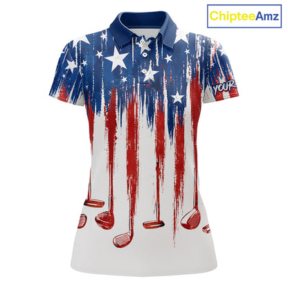 Personalized American Flag Golf White Womens Golf Polo Shirts Custom Name Golf Gifts For Ladies NBT659