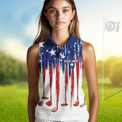 Personalized American Flag Golf White Womens Sleeveless Golf Polo Shirts Custom Name Golf Gifts For Ladies NBT659