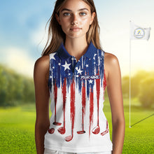 Load image into Gallery viewer, Personalized American Flag Golf White Womens Sleeveless Golf Polo Shirts Custom Name Golf Gifts For Ladies NBT659