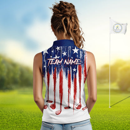 Personalized American Flag Golf White Womens Sleeveless Golf Polo Shirts Custom Name Golf Gifts For Ladies NBT659