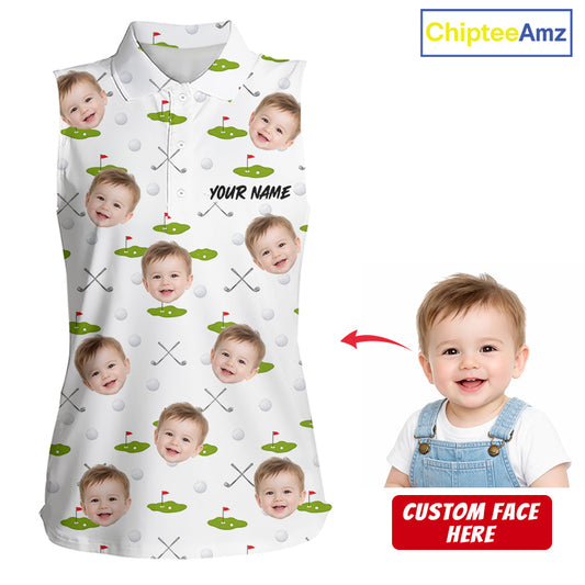 Personalized Face & Name Sleeveless Golf Polo Shirt For Women, Best Mom Golf Shirt, Mother's Day Gift Polo|White NBT661