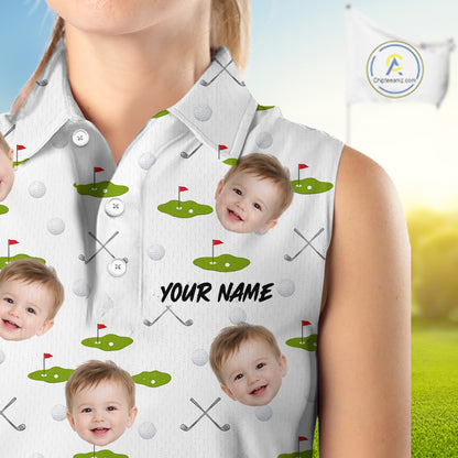 Personalized Face & Name Sleeveless Golf Polo Shirt For Women, Best Mom Golf Shirt, Mother's Day Gift Polo|White NBT661