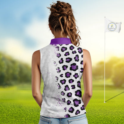 Woman wearing a sleeveless shirt with purple leopard print design on a golf course.