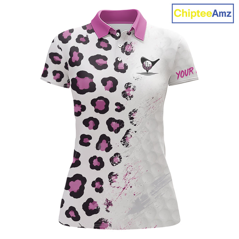 White polo shirt with pink and black leopard pattern on a white background