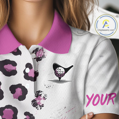 Close-up of a polo shirt with a golf ball and putter design, breathable fabric