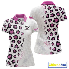 Load image into Gallery viewer, White polo shirt with pink and black leopard print pattern, front and back views