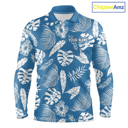 Blue long-sleeve shirt with white leaf pattern and 'Your Name' text