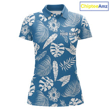Load image into Gallery viewer, Blue golf polo shirt with white leaf pattern and 'Your Name' text on a white background