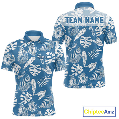 Blue polo shirt with white  tropical leaf pattern and customizable text