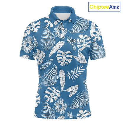 Blue polo shirt with tropical leaf pattern and 'Your Name' text on a bluebackground