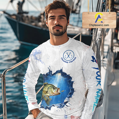 Custom Crappie Fishing Long Sleeve Tournament Shirts, Crappie Fishing Apparel | White NBT682