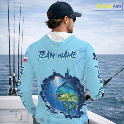 Custom Mahi Mahi Fishing Long Sleeve Hooded Tournament Shirts, Mahi Mahi Saltwater Fishing Apparel | Blue NBT687