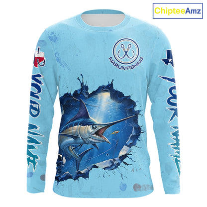 Custom Marlin Fishing Long Sleeve Tournament Shirts, Marlin Saltwater Fishing Apparel | Blue NBT688