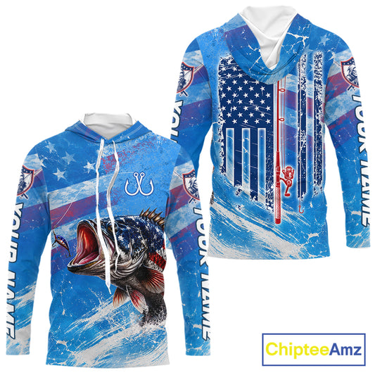Front and back view of American flag patriotic largemouth bass hooded fishing shirt
