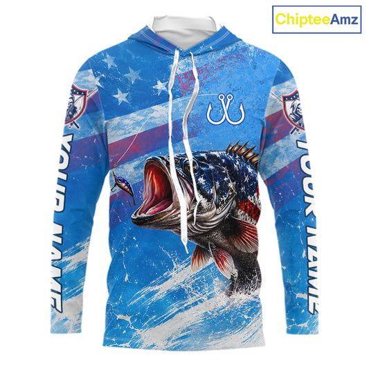 Blue bass long sleeve hooded fishing shirt with fish design and American flag pattern