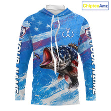 Load image into Gallery viewer, Blue bass long sleeve hooded fishing shirt with fish design and American flag pattern