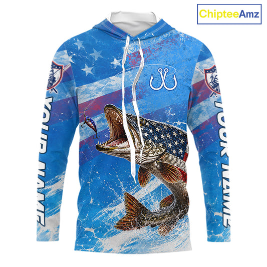 American flag northern pike hooded fishing shirt front view custom name