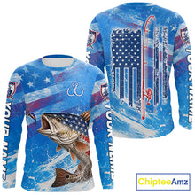 Load image into Gallery viewer, American flag redfish fishing shirt long sleeve front and back view