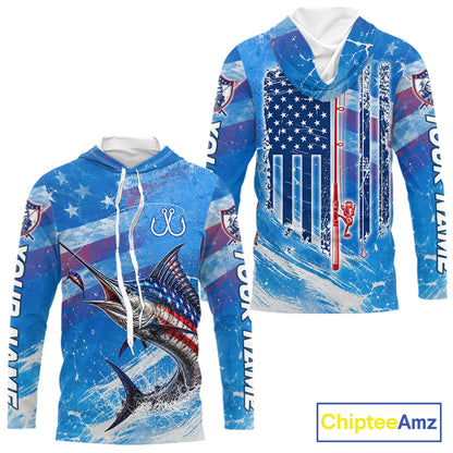 American flag marlin hooded fishing shirt front and back view