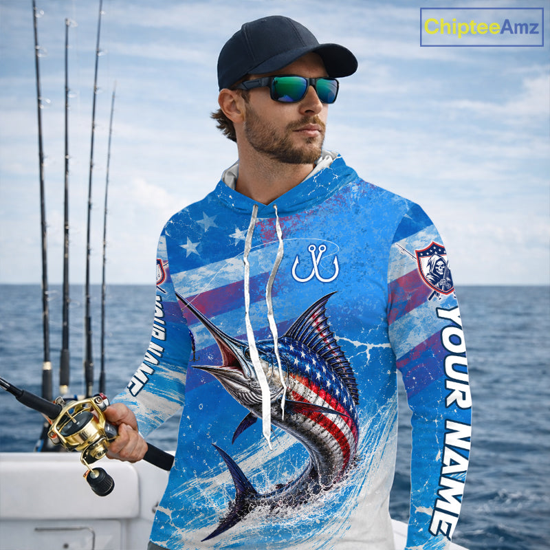 Man wearing a blue patriotic marlin fishing shirt with custom name, standing on a boat