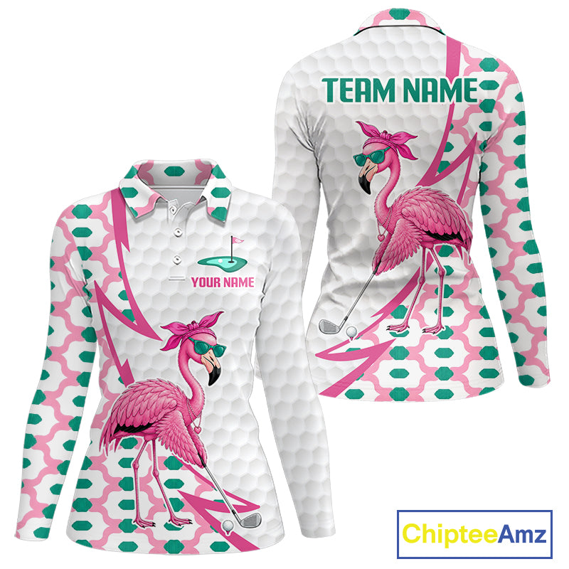 Pink flamingo long sleeve golf polo shirt for women with personalized name and team name