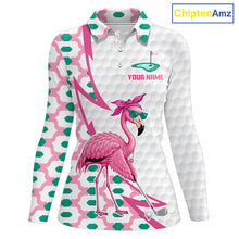 Load image into Gallery viewer, Front view of funny flamingo pink pattern womens long sleeve golf polo shirt with custom name
