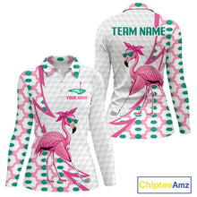 Load image into Gallery viewer, Pink flamingo long sleeve golf polo shirt for women with personalized name and team name
