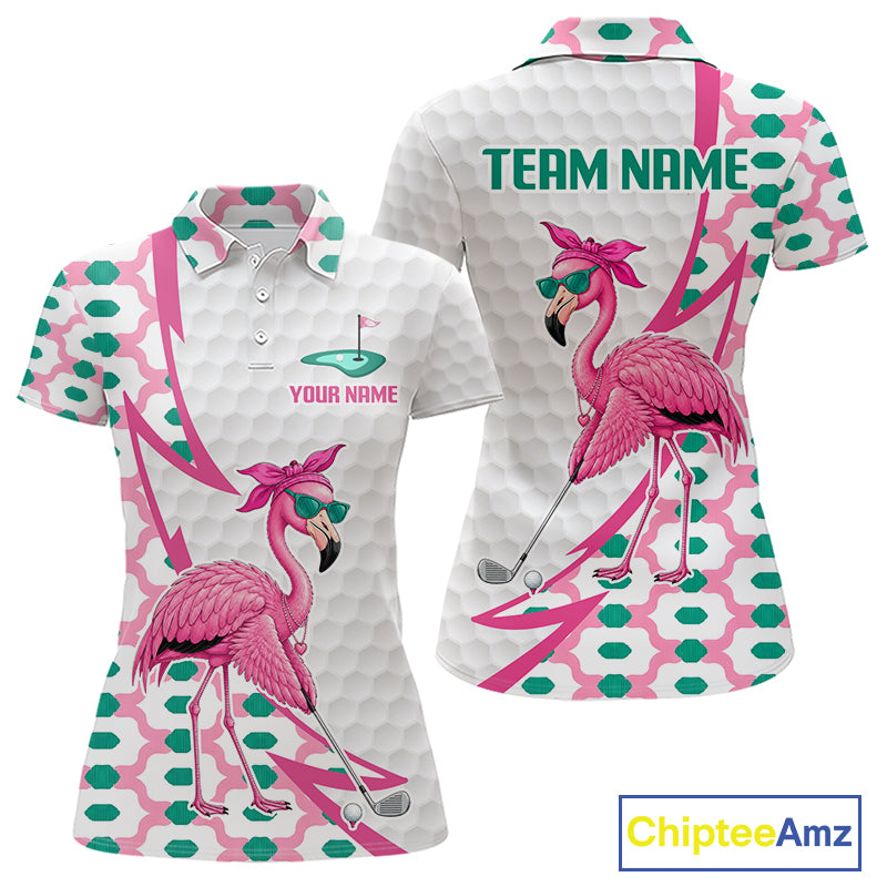 Pink flamingo golf polo shirt for women with personalized name and team name