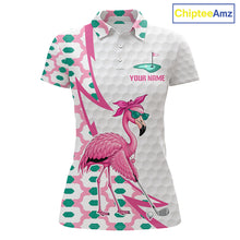 Load image into Gallery viewer, Front view of funny flamingo pink pattern womens golf polo shirt with custom name