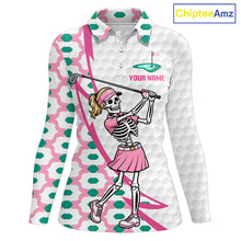 Load image into Gallery viewer, Funny Skeleton Pink Pattern Womens Golf Polo Shirt Golf Outfit Custom Name, Funny Golf Shirts NBT782