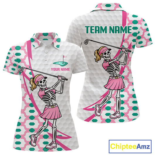 Pink skeleton golf polo shirt for women with personalized name and team name