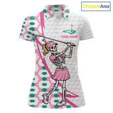 Load image into Gallery viewer, Front view of funny skeleton pink pattern womens golf polo shirt with custom name