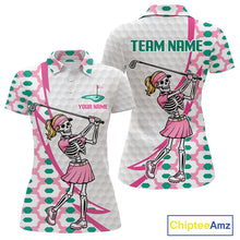 Load image into Gallery viewer, Pink skeleton golf polo shirt for women with personalized name and team name