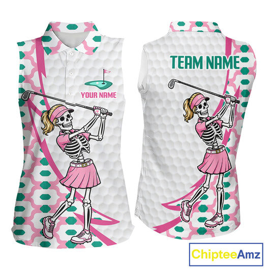Pink skeleton sleeveless golf polo shirt for women, personalized with player name and team name