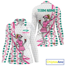 Load image into Gallery viewer, Funny Skeleton Pink Pattern Womens Golf Polo Shirt Golf Outfit Custom Name, Funny Golf Shirts NBT783