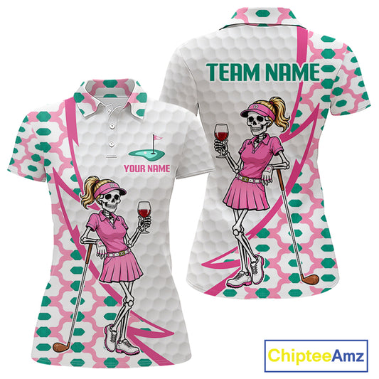 Pink skeleton golf polo shirt for women, personalized with player name and team name