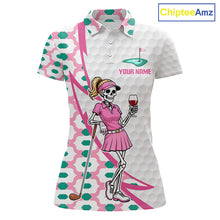Load image into Gallery viewer, Front view of funny skeleton pink golf polo shirt for women with custom name
