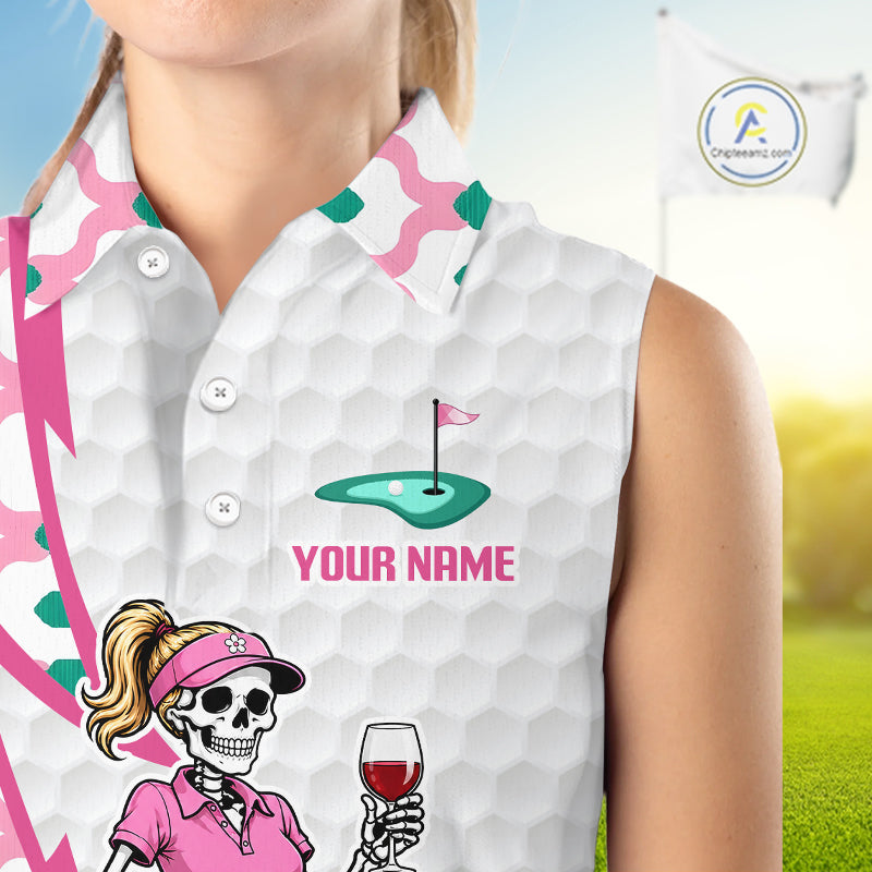 Funny Skeleton Pink Pattern Womens Sleeveless Golf Polo Shirt Golf Outfit Custom Name, Funny Golf Shirts NBT783