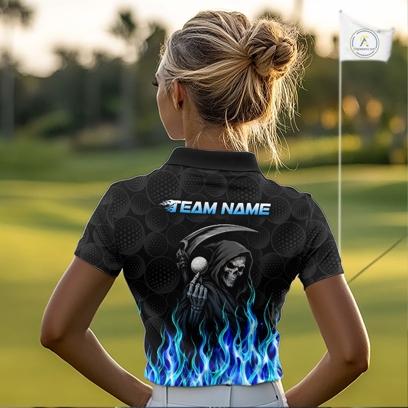 Custom Blue Flame Reaper Golf Ball Pattern Womens Golf Polo Shirts Black Tournament Golf Team Shirts, Golf Outfit NBT874