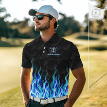 Load image into Gallery viewer, Golfer wearing custom Blue Flame Reaper golf polo shirt on the course