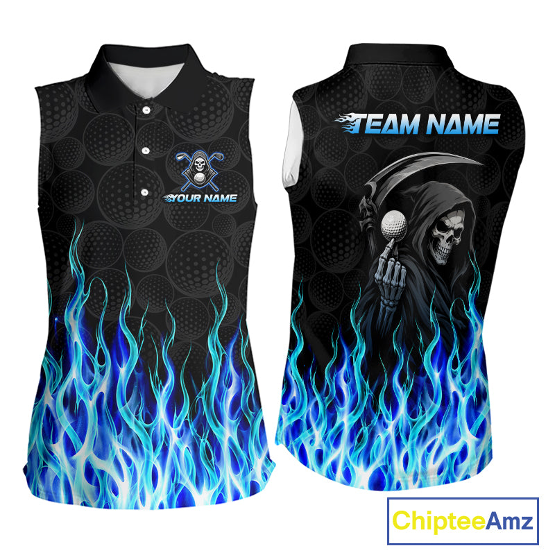 Custom Blue Flame Reaper Golf Ball Pattern Womens Sleeveless Tournament Golf Polo Shirts Black Golf Team Shirts, Golf Outfit NBT874