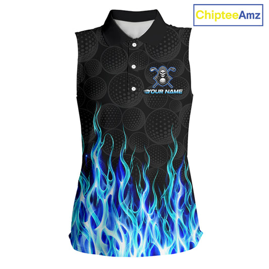 Custom Blue Flame Reaper Golf Ball Pattern Womens Sleeveless Tournament Golf Polo Shirts Black Golf Team Shirts, Golf Outfit NBT874