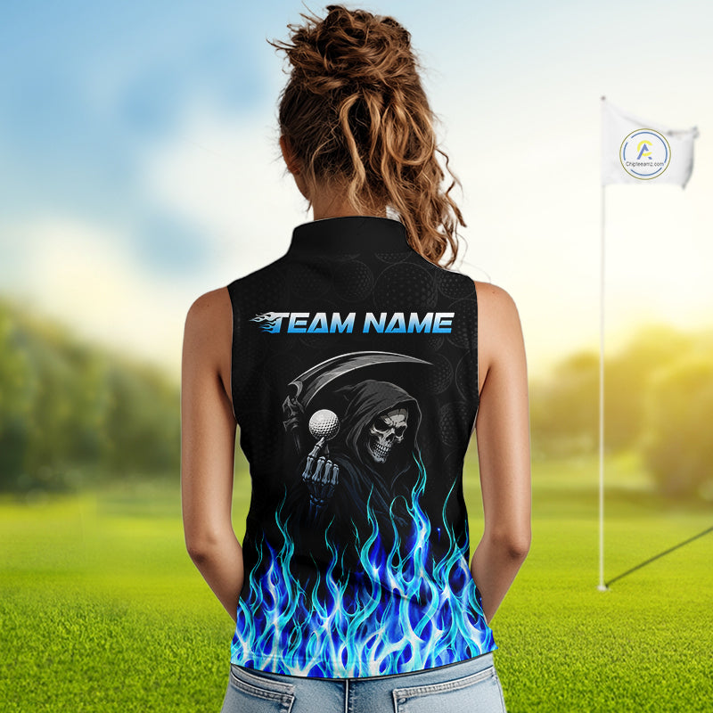 Custom Blue Flame Reaper Golf Ball Pattern Womens Sleeveless Tournament Golf Polo Shirts Black Golf Team Shirts, Golf Outfit NBT874