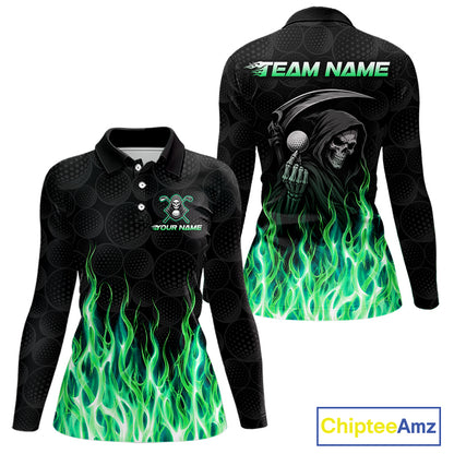 Custom Green Flame Reaper Golf Ball Pattern Womens Golf Polo Shirts Black Tournament Golf Team Shirts, Golf Outfit NBT875