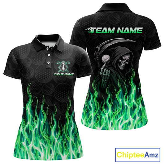 Custom Green Flame Reaper Golf Ball Pattern Womens Golf Polo Shirts Black Tournament Golf Team Shirts, Golf Outfit NBT875