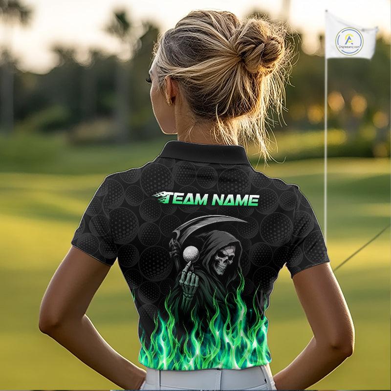 Custom Green Flame Reaper Golf Ball Pattern Womens Golf Polo Shirts Black Tournament Golf Team Shirts, Golf Outfit NBT875